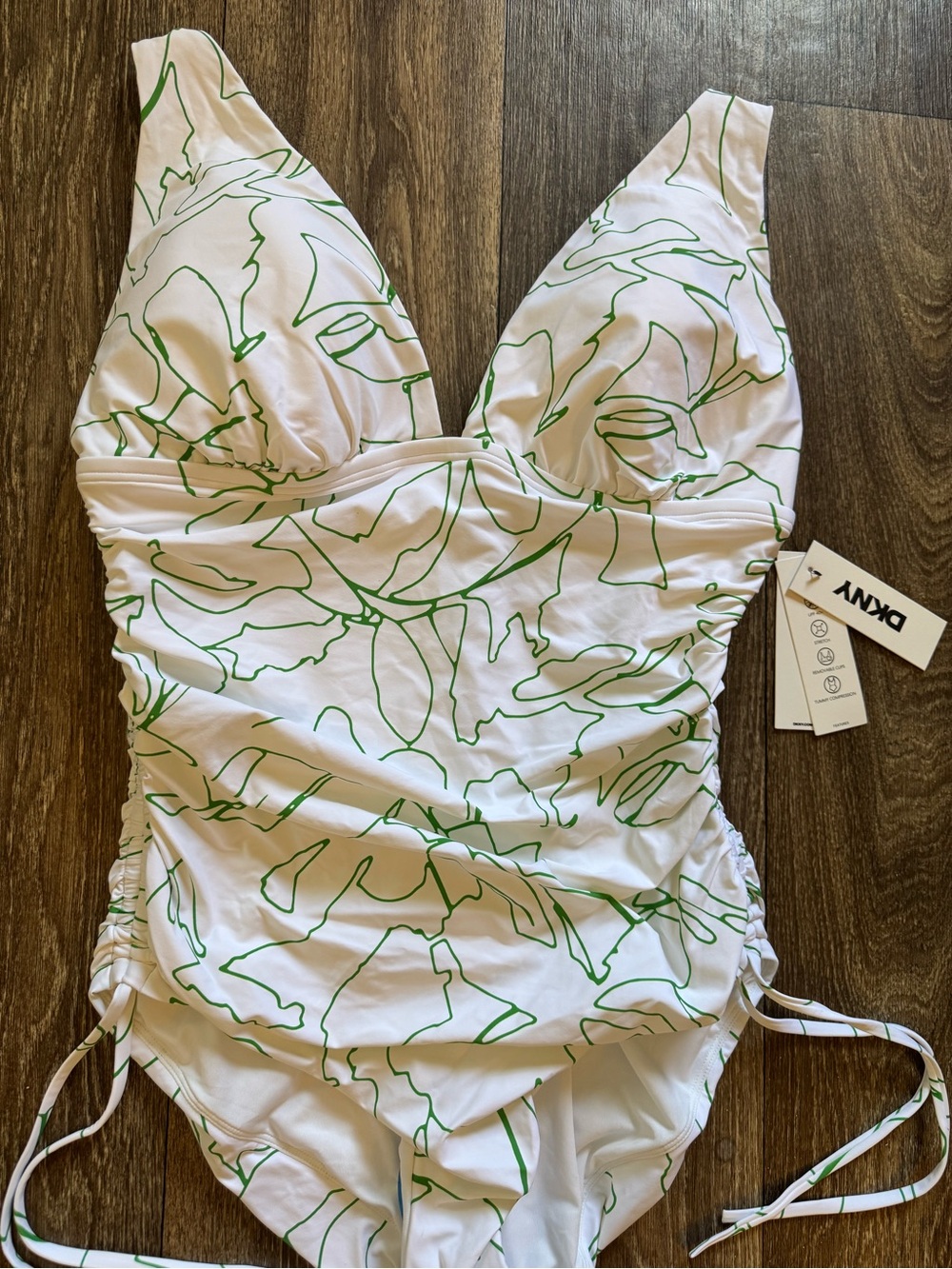 DKNY White One-Piece Swimsuit with Green Leaf Line Print